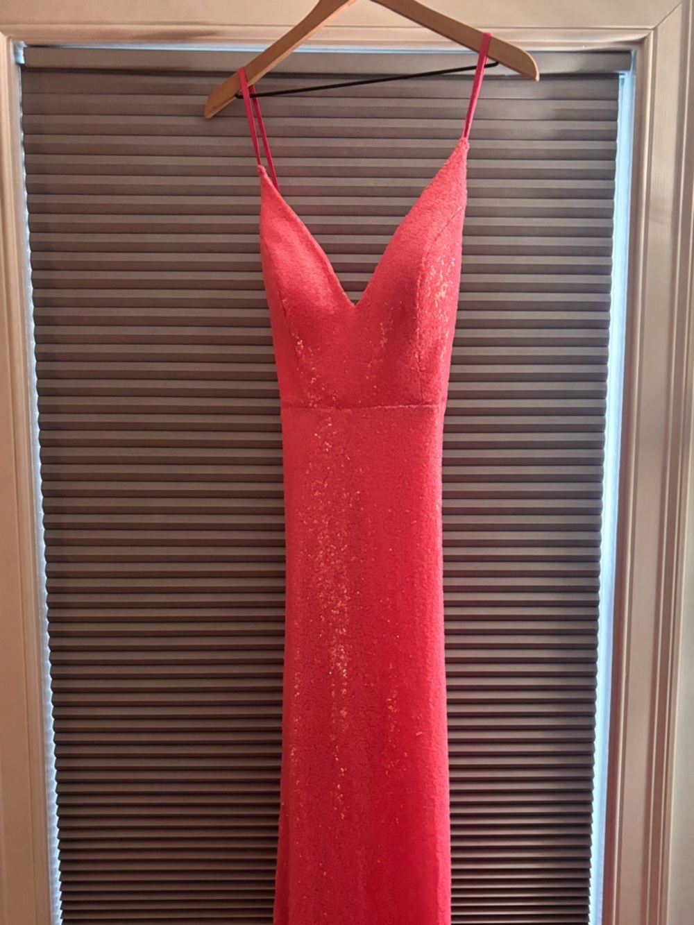Portia and Scarlett Hot Pink Sequin V-Neck Spaghetti Strap Gown